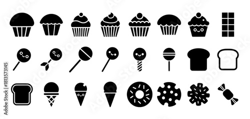 Dessert And Confectionery Icon Set Of Cupcake, Lollipop, Ice Cream, Bread, And Candy. Vector Illustration. Bakery Sweet Treat