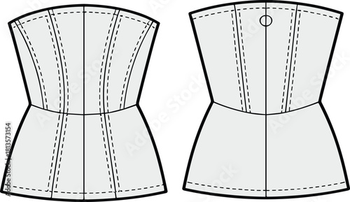 Strapless Corset Top Technical Drawing Flat Sketch Template Bustier Style Peplum Hem Panel Seaming and Back Hook Closure, Isolated Vector Fashion Design.