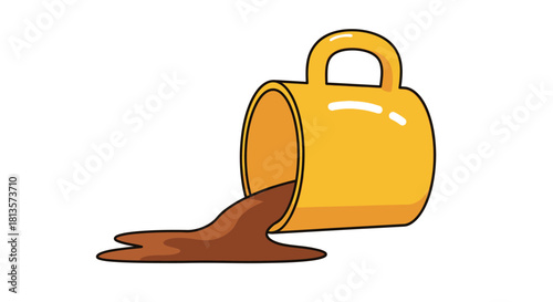 Yellow coffee mug tipped over, spilling a rich brown liquid onto a clean surface, creating a small, unexpected mess, an illustration depicting a very common household incident or mishap.
