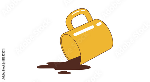 Yellow coffee mug tipped over, spilling a rich brown liquid onto a clean surface, creating a small, unexpected mess, an illustration depicting a very common household incident or mishap.