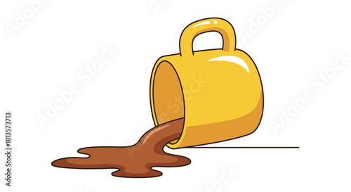 Spilled yellow coffee mug cartoon illustration with brown liquid pouring out, isolated on a clean white background, symbolizing accidents, mess, clumsiness, waste, and unwanted overflow.