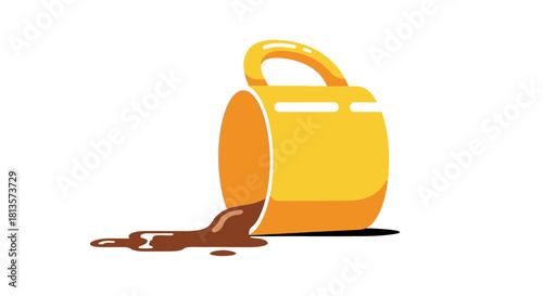 Yellow coffee mug tipped over, spilling a rich brown liquid onto a clean surface, creating a small, unexpected mess, an illustration depicting a very common household incident or mishap.