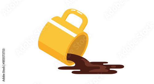 Yellow mug spilling coffee. flat vector illustration of a tipped cup with dark liquid pouring out, indicating a mess, accident, refreshment mishap, or a bad morning situation on white background.