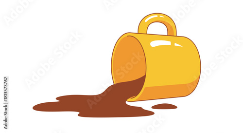 Spilled hot coffee from a vibrant yellow ceramic mug, creating a rich brown liquid mess on a clean white surface, clearly illustrating an accidental moment or a clumsy mishap with a beverage.