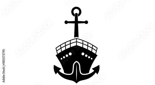 A minimalist vector graphic featuring a stylized black silhouette icon of a passenger ship's bow with a large anchor emblem positioned centrally, ideal for maritime travel and journeys.