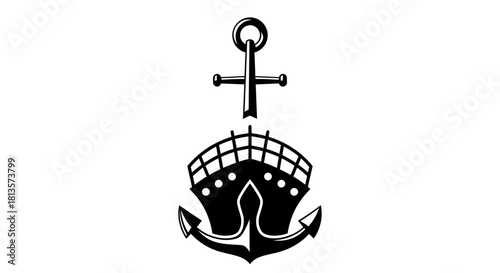 Stylized ship and anchor logo design combining maritime transport vessel and traditional naval symbol, representing travel, ocean, sea, journey, and nautical themes on a clean background.