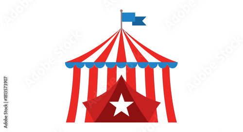 Red and white striped circus tent with blue scalloped trim and a blue flag atop its peak. this iconic big top, featuring a star emblem, symbolizes entertainment, thrill, fun shows.