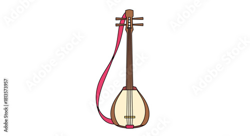 Traditional japanese musical instrument shamisen illustration with a vibrant pink strap, depicting a classic stringed lute, cultural icon, folk music, entertainment, art, isolated vector graphic
