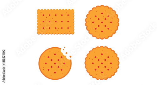 Four orange crackers or biscuits, two round, one rectangular, and one round with a bite, featuring red dots, on a clean white background, representing snack food.