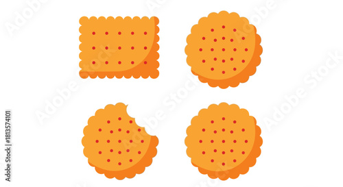 Flat vector illustration of assorted crispy crackers, including a square and round shapes, one with a bite taken out, featuring texture holes and wavy edges, ideal for food projects.
