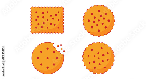 Set of orange and red dotted snack icons: a square cracker with wavy edges, two circular cookies with crinkled edges, and one round biscuit with a bite taken out, on a clean white background.