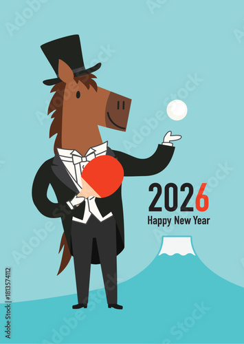 富士山の前で卓球をしている正装のオシャレな馬を描いた2026年午年年賀状用のベクターイラスト