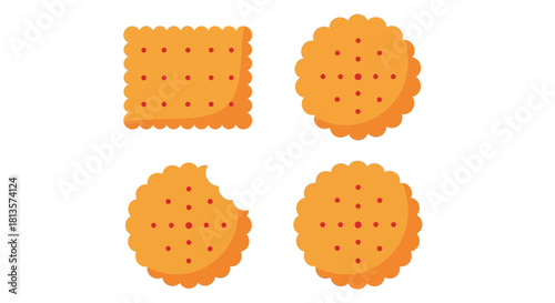 Crispy cracker assortment vector illustration featuring a perfect square biscuit, a classic round cracker, and a partially eaten round snack, ideal for food-related designs and concepts.
