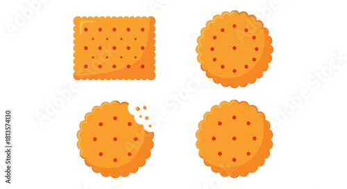 Crisp and delicious assorted crackers vector illustration set, featuring a square biscuit, whole round cookies, and a bitten round snack with crumbs, perfect for food industry designs