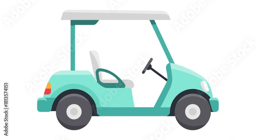 Golf cart illustration isolated on white background, a mint green two-seater utility vehicle for golf courses, representing leisure, sport, transportation, and outdoor recreation.