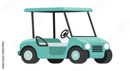 Mint green golf cart illustration, a flat design vector graphic depicting an electric utility vehicle commonly used for transporting golfers and equipment on a golf course or resort grounds.