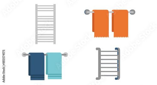 A diverse vector illustration set showcasing various modern and classic bathroom essentials: wall-mounted towel bars with vibrant orange and blue towels, and stylish heated towel racks for decor.