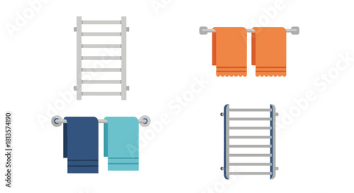 Collection of modern bathroom towel racks and towel bars with hanging fresh, clean towels in orange, blue, and light blue, essential equipment for home hygiene and comfort