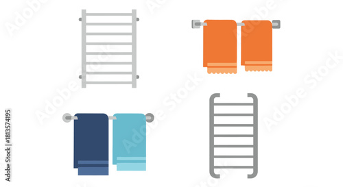 Set of modern bathroom accessories featuring various towel racks and colorful hanging towels, showcasing hygiene, comfort, and domestic convenience in a clean vector illustration design.