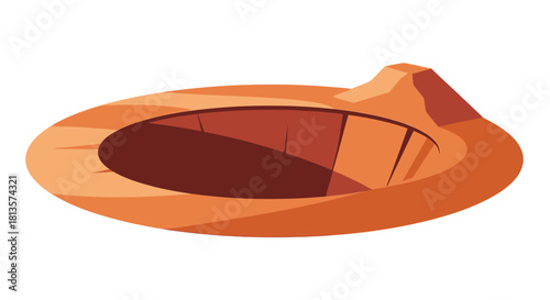 Stylized illustration of an empty deep crater or sinkhole in orange and brown tones, depicting a natural geological depression on a flat terrain, isolated on a white background.