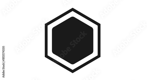 Black hexagon geometric shape with a modern white inner outline, creating a simple yet striking abstract design element. perfect for minimalist branding, technology, data, or structural concepts.