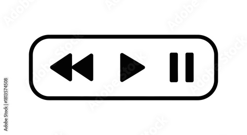 Minimalist black outline media player controls icon with rewind, play, and pause buttons in a rounded rectangle, ideal for user interface, app, web design, and multimedia projects.