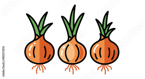 Three cartoon onions with green shoots and red roots, arranged in a row. fresh vegetable illustration for culinary, gardening, and organic food themes, isolated on a clean white background.