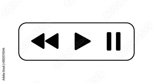 Simple black and white media player control panel with rewind, play, and pause buttons on a clear background, ideal for user interface design elements and digital applications.