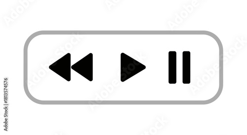 Media player interface button set featuring simple black rewind, play, and pause icons within a rounded rectangular white container with a subtle gray border for digital content control