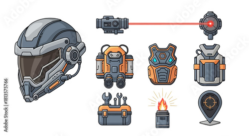 Set of futuristic armor icons including helmet jetpack and weapons vector illustration for game design and sci-fi concepts isolated on white background