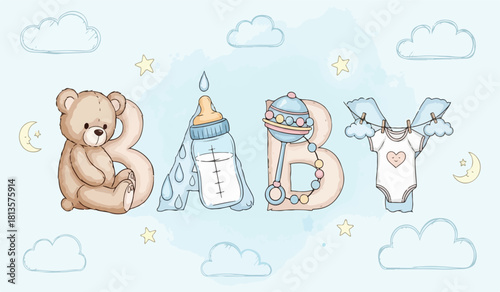 Cute baby word art with teddy bear bottle and onesie