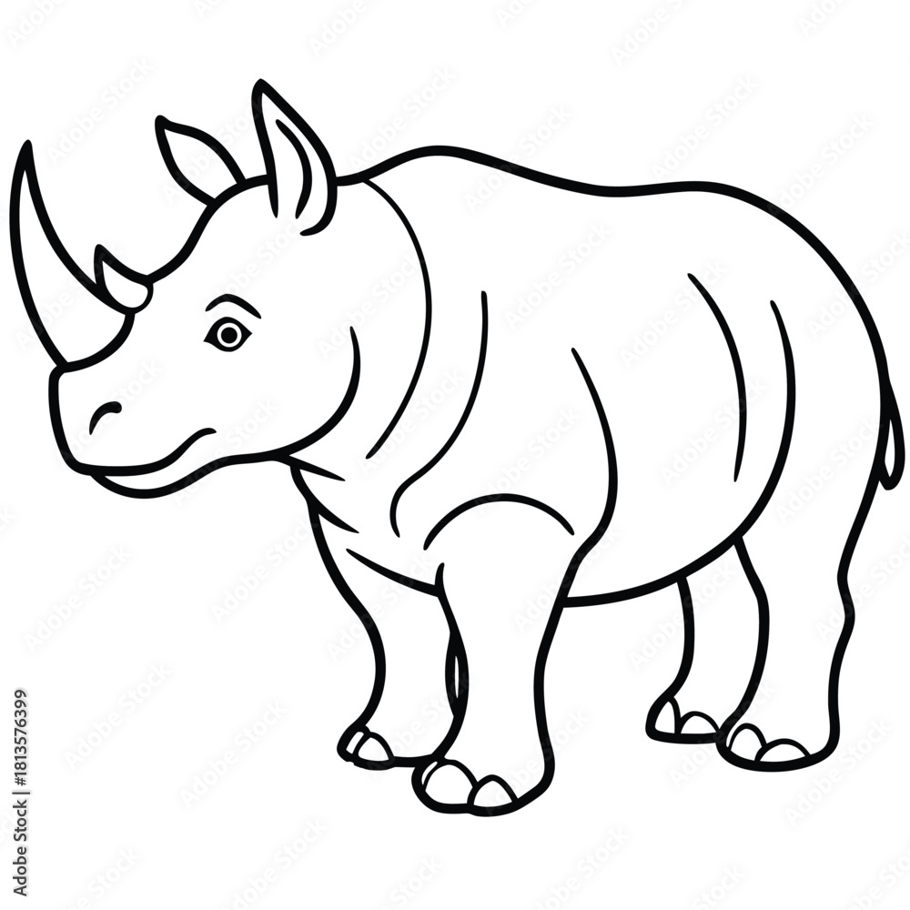 Fototapeta premium Simple black and white line drawing of a friendly rhinoceros standing on a white background