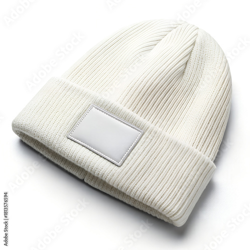 A white ribbed knit beanie hat with a blank patch on the folded cuff, a perfect mockup for custom winter headwear and apparel branding.
