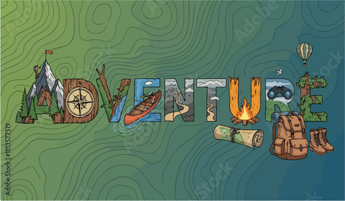 Adventure word art with mountain river campfire and camping gear