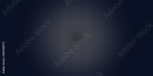 Dark grey abstract wide horizontal banner with hexagon carbon fiber grid and orange luminous lines. Technology vector background with orange neon lines