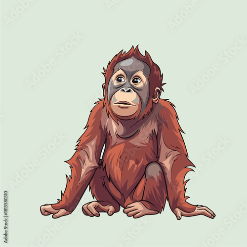 Adorable baby orangutan sitting on a light background looking curious and innocent.