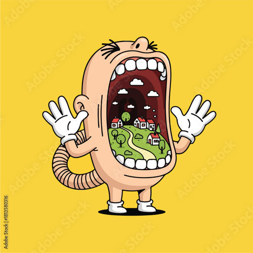 Cartoon character with open mouth revealing a miniature village inside.