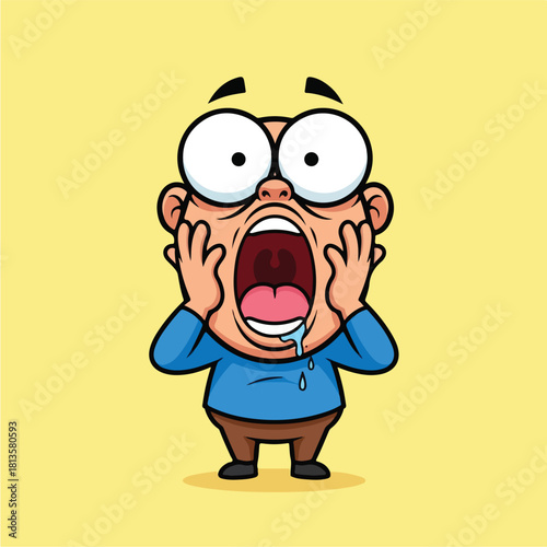 Cartoon character with wide eyes and open mouth expressing extreme shock and fear.