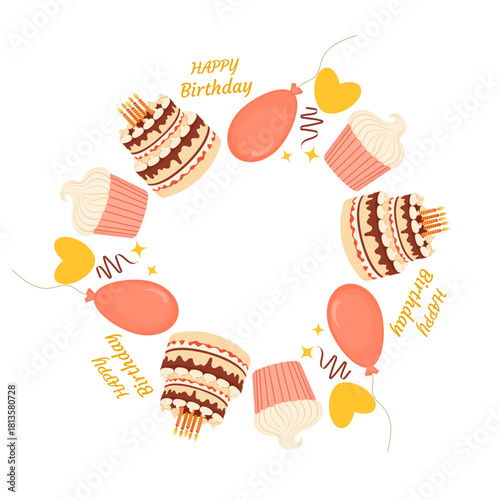 Round birthday frame isolated on white or transparent background. Vector illustration. Cream cake with lit candles, orange balloon, cream cupcake, and yellow heart. Close-up element design decoration.