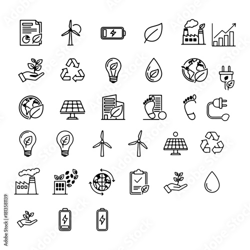 THIN LINEAR ICONS WITH PURE WHITE BACKGROUND CSR reports, green energy startups, environmental organizations.