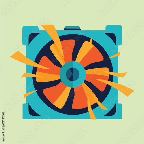 Computer fan with orange blades and blue casing flat design illustration.