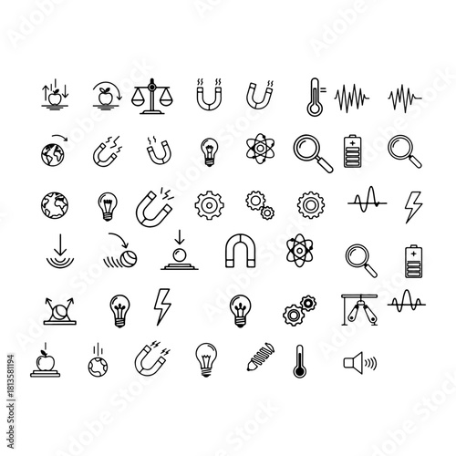 THIN LINEAR ICONS WITH PURE WHITE BACKGROUND Physics Gravitational pull, Magnet, Light bulb filament, Gear mechanism.