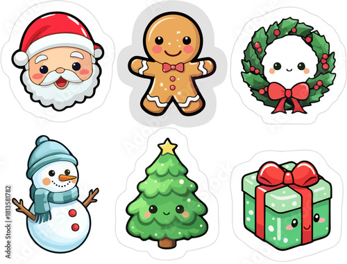Cute Christmas Sticker Set with Santa, Reindeer, Snowman and Gingerbread