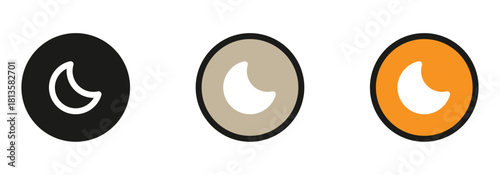 Minimalist moon icons in black, beige, and orange circles signaling nighttime, sleep mode, or a lunar calendar, ideal for app design and interfaces
