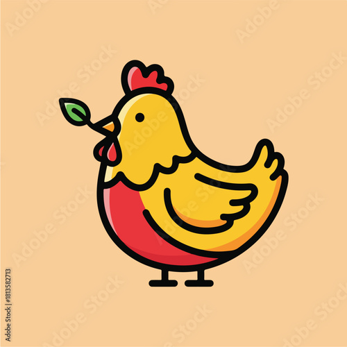 Cute cartoon chicken holding a green leaf in its beak illustration.