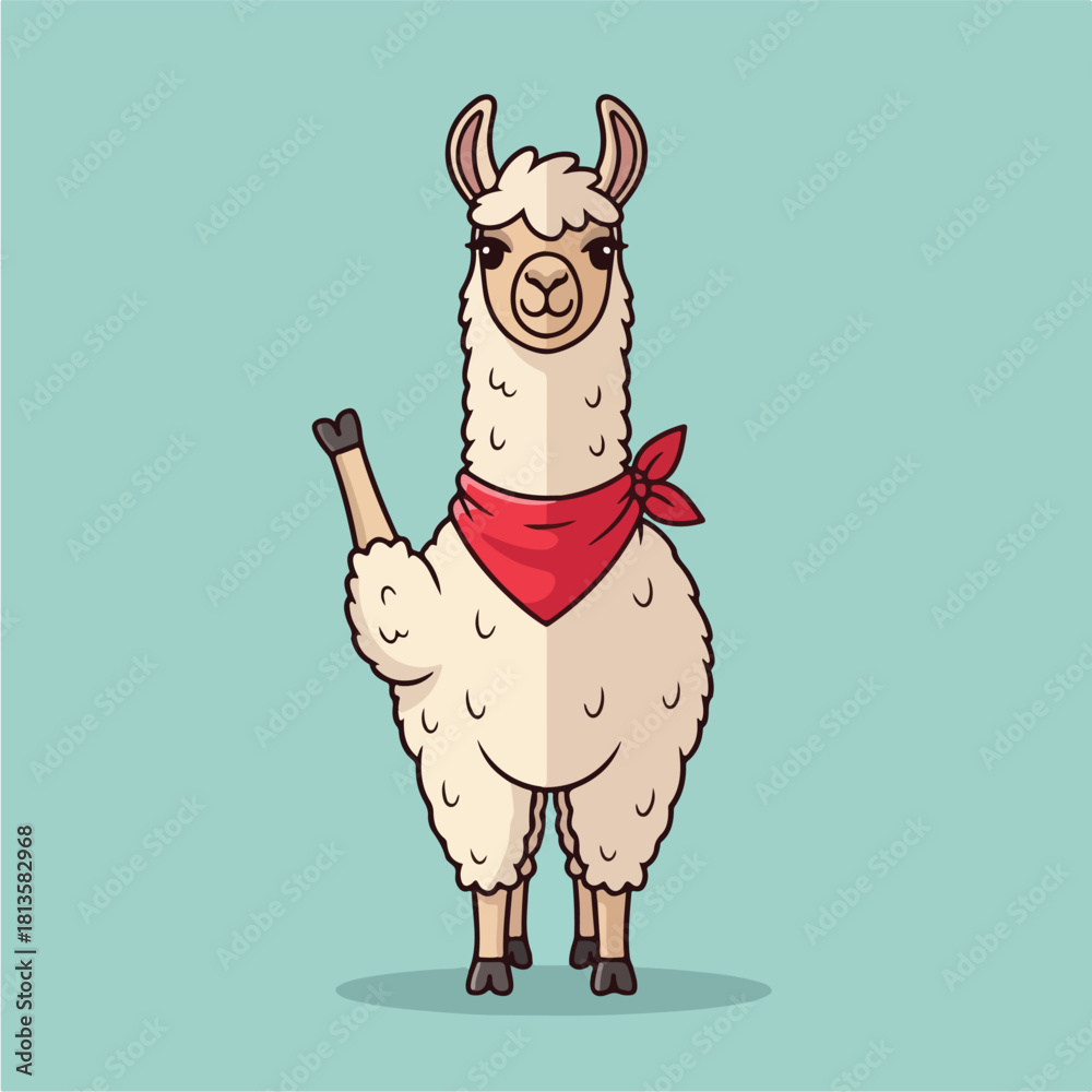 Fototapeta premium Cute cartoon llama wearing a red bandana waving hello.