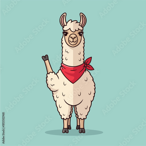 Cute cartoon llama wearing a red bandana waving hello.