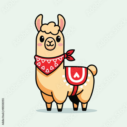 Cute cartoon llama with bandana and saddle.