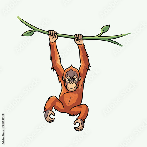 Cute cartoon orangutan hanging from a tree branch.