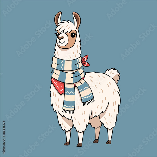 Cute cartoon llama wearing a striped scarf and red bandana.